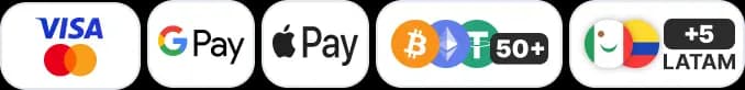 Visa, Mastercard, Google Pay, Apple Pay, crypto and local payment methods